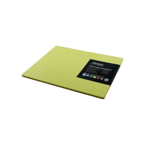 Vibrant yellow polypropylene cutting board, 380x510x12mm, durable, non-slip, perfect for safe food preparation.