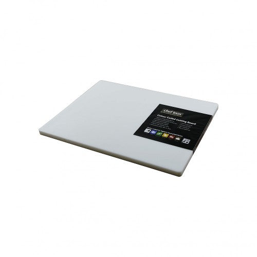 Durable 380x510x20mm white polypropylene cutting board, perfect for chopping and food prep, resistant to stains and odors.