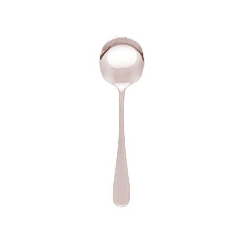 Set of 12 elegant Melrose soup spoons in mirror-finished 18/0 stainless steel, featuring delicate reeding on handles.