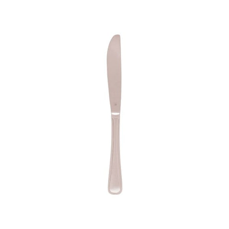 Elegant set of 12 Tablekraft Melrose table knives in 18/0 stainless steel, featuring a mirror finish and reeded handles.