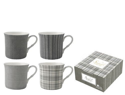 Elegant grey bone china mug set of 4, featuring a fluted design, dishwasher safe, perfect for daily beverages.