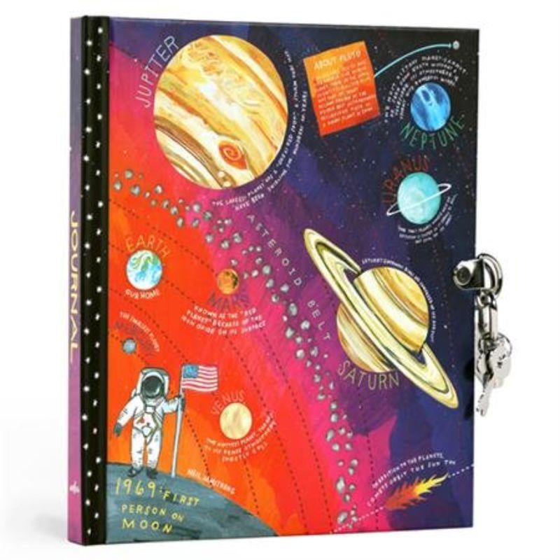 Lockable glow-in-the-dark journal with 176 lined pages, featuring space-themed illustrations for young explorers.