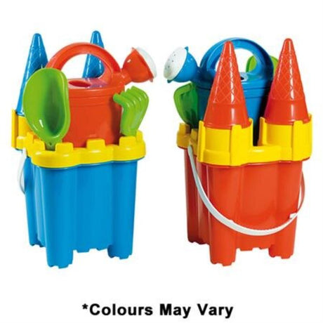 Brightly colored Cone Castle Bucket Set with seven pieces, perfect for imaginative summer beach play for kids 2 and up.