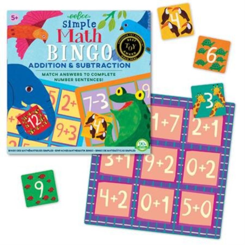 Colorful Bingo game featuring double-sided boards for addition and subtraction practice, designed for kids aged 5 and up.