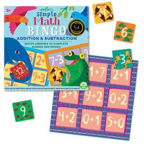 Colorful Bingo game featuring double-sided boards for addition and subtraction practice, designed for kids aged 5 and up.