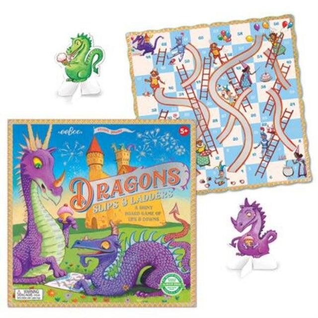 Colorful eeBoo Dragons Slips & Ladders board game featuring whimsical art, wooden dice, and eco-friendly materials for kids.