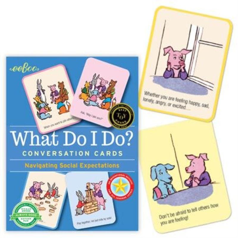 eeBoo What Do I Do Hardbox Flashcards featuring 48 illustrated cards to enhance children's social and emotional learning skills.