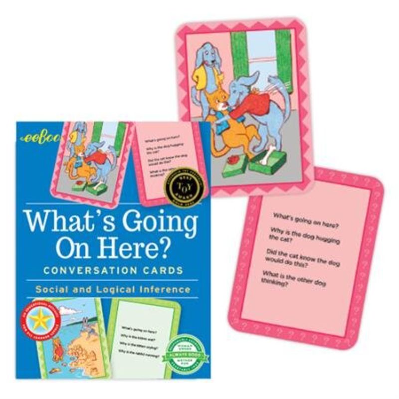 Colorful flashcards designed for kids, featuring 50 illustrated prompts to enhance emotional intelligence and conversation skills.