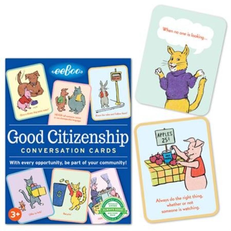 Colorful eeBoo Good Citizenship Flashcards featuring animals teaching young children about community and social responsibility.