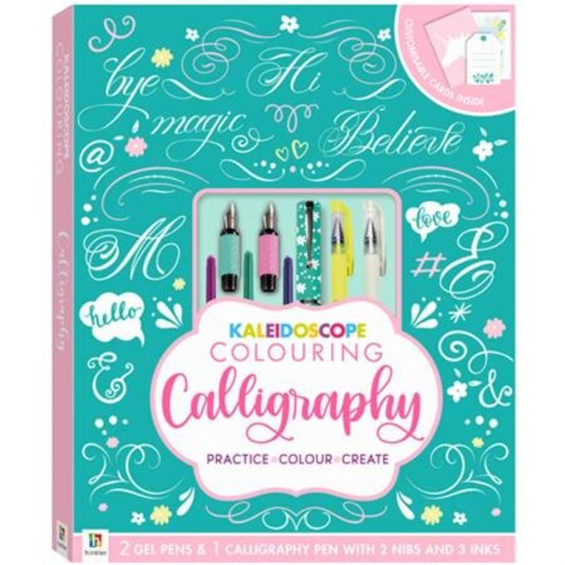 Kaleidoscope Calligraphy Kit featuring a pen, nibs, vibrant inks, practice pad, templates, and customizable cards.