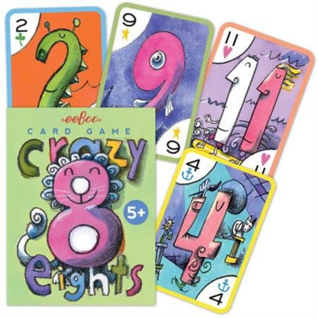 Illustrated eeBoo Crazy Eight playing cards for family fun, promoting social skills and sustainability, suitable for ages 5+.