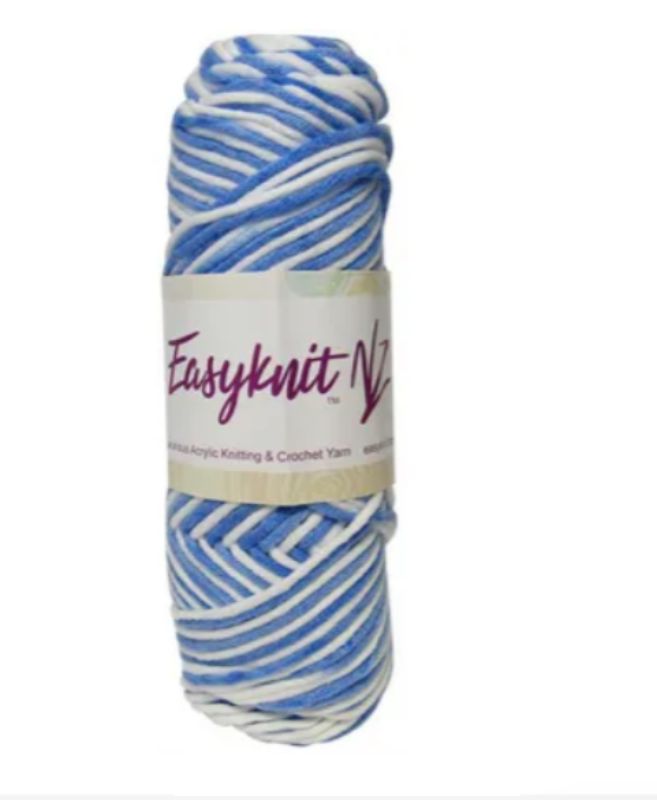 Soft EasyKnit Premium Blue & White yarn, 100g, 8-ply, ideal for various knitting and crochet projects.