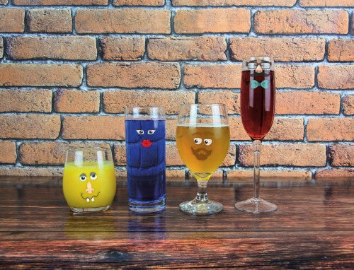 Colorful drink markers featuring over 100 funny, reusable stickers for personalizing beverages at parties.