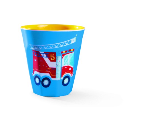 Colorful melamine cups with a Busy City vehicle theme, perfect for children aged 3+, lightweight and dishwasher-safe.