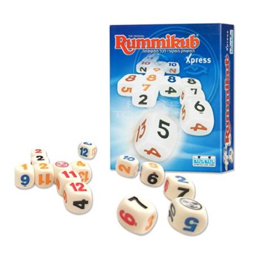 Rummikub Xpress Game featuring 18 colorful dice, for fast-paced strategic fun with friends or family, ages 7 and up.