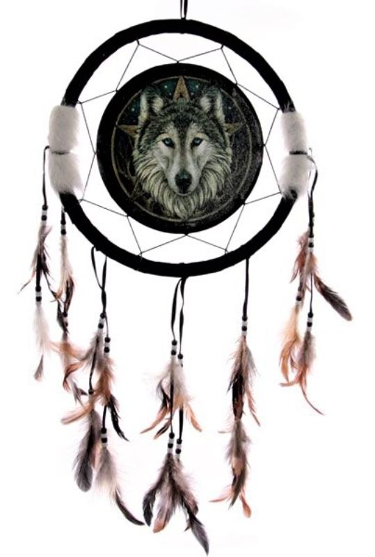 A 33cm dreamcatcher featuring a beautifully detailed wolf head design by Lisa Parker, symbolizing nature and protection.