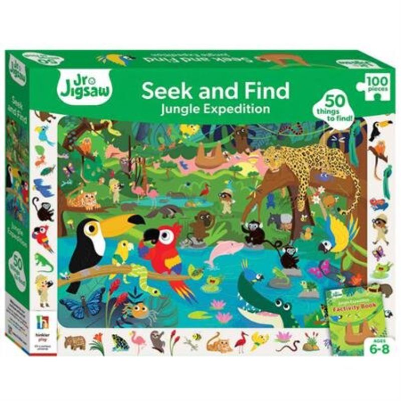 Colorful 100-piece jigsaw puzzle featuring a vibrant Amazon jungle scene with 50 hidden images and an activity book.