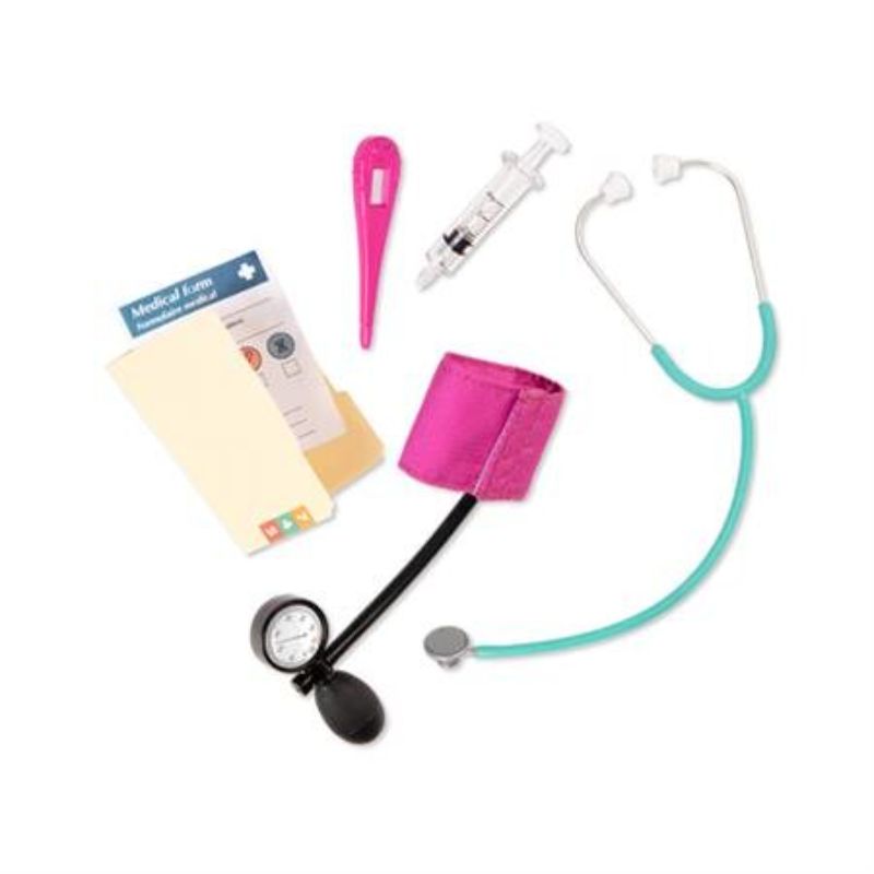 Doctor accessories set for 18-inch dolls includes stethoscope, thermometer, arm band, syringe, and hospital form for imaginative play.