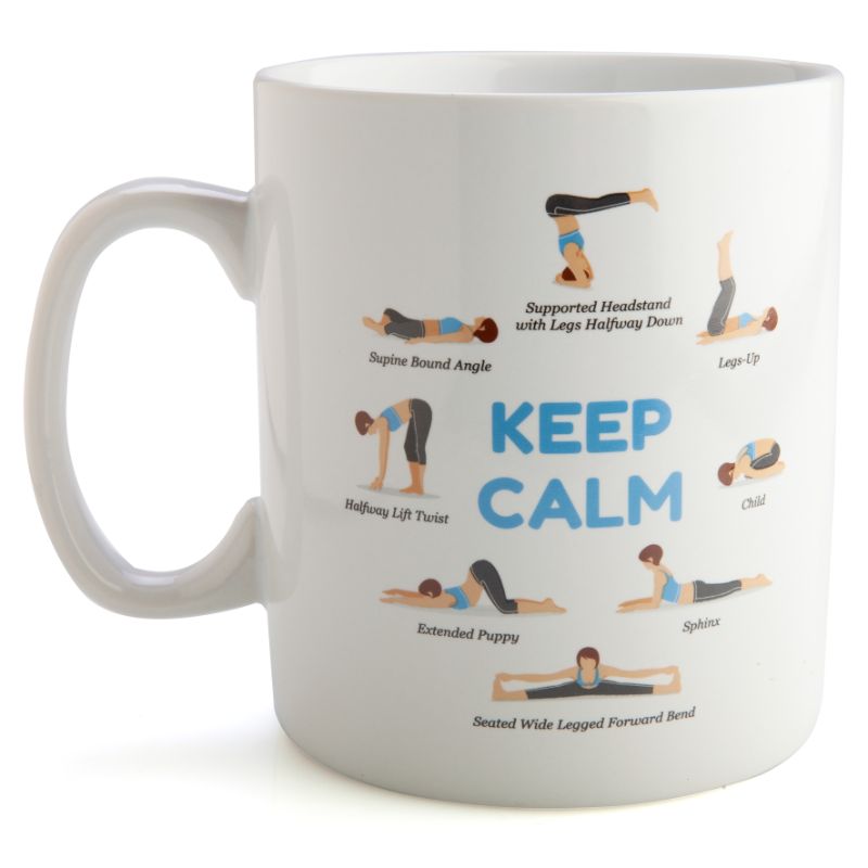 Giant coffee mug featuring 17 yoga poses and uplifting phrases, holding 900 ml; microwave and dishwasher safe.