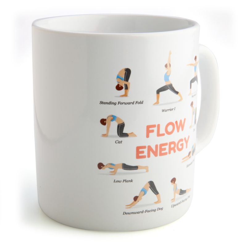 Giant coffee mug with yoga poses, holds 900 ml, features double-sided design with uplifting phrases and 17 illustrations.