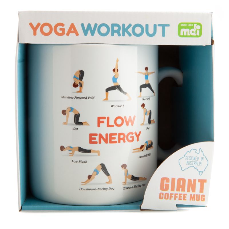 Extra-large coffee mug featuring 17 yoga poses and inspirational phrases, perfect for yoga lovers and coffee enthusiasts.