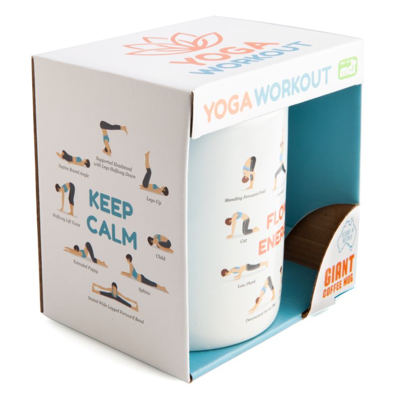 Extra-large coffee mug featuring 17 yoga poses and uplifting phrases, perfect for yoga enthusiasts and coffee lovers.
