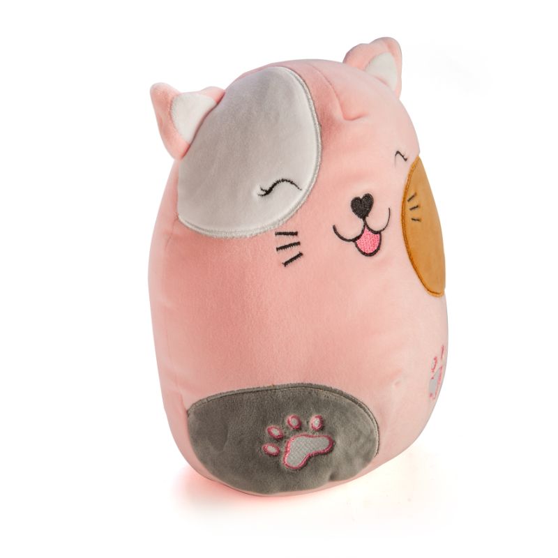 Soft, squishy 22cm plush cat toy made from velour fabric, perfect for cuddling and home decor.