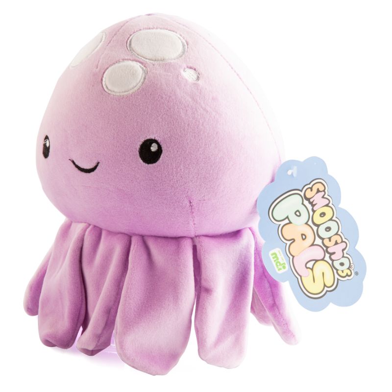 Soft 19cm plush jellyfish cushion in velour, perfect for cuddling and imaginative play, ideal for kids' rooms.