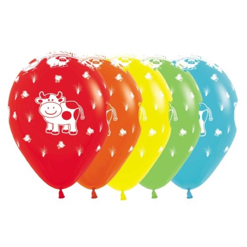 Colorful 30cm latex balloons featuring charming farm animals, perfect for parties and celebrations, pack of 25.