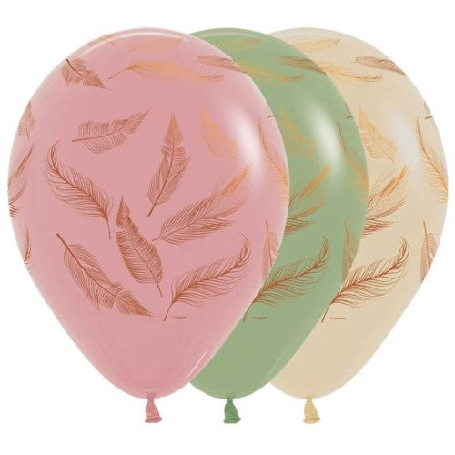Vibrant 30cm assorted latex balloons with feather designs, perfect for parties and events, pack of 25.