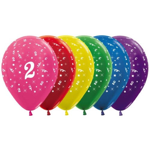 Bright metallic assorted latex balloons for age 2 birthday celebrations, pack of 25, perfect for festive decor.