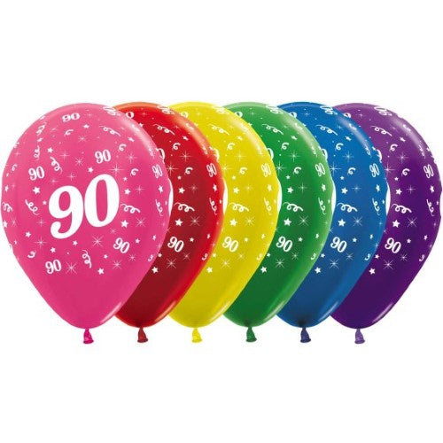 Colorful metallic latex balloons for 90th birthday celebrations, pack of 25, ideal for vibrant party decorations.