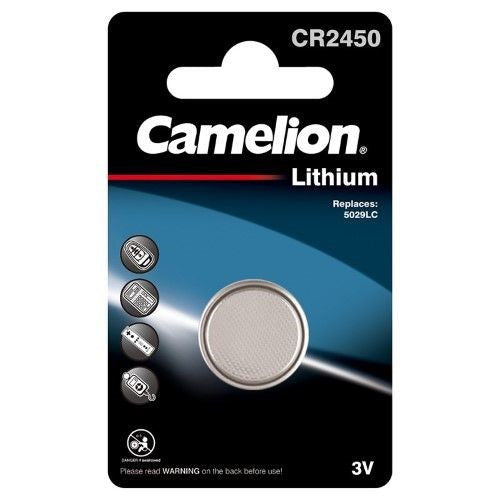 CAMELION CR2450 3V Lithium battery in a compact 1pk, ideal for powering high-energy electronics like remote controls and toys.