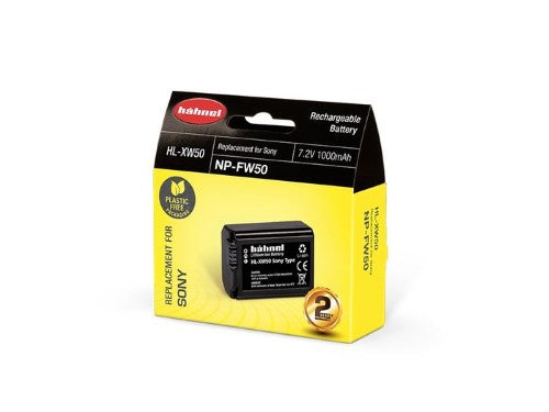 HAHNEL HL-XW50 battery for Sony cameras, 1000mAh, lithium-ion, eco-friendly packaging, reliable power for photographers.