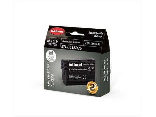 HAHNEL HL-EL15 battery for Nikon cameras, 1650mAh, lithium-ion, eco-friendly packaging, ensures reliable performance.