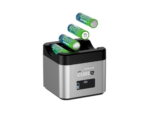 HAHNEL PROCUBE 2 charger for Canon batteries with LCD, USB port, car lead, and AA tray for efficient charging on the go.