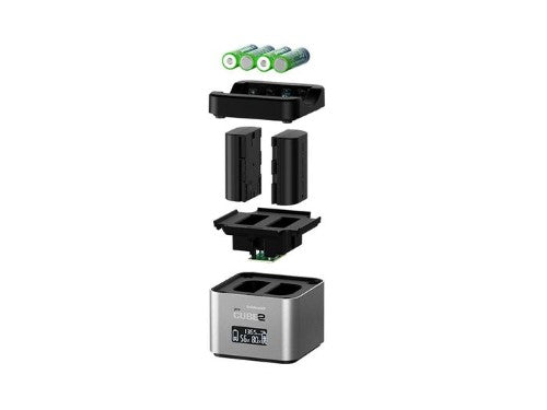 HAHNEL PROCUBE 2 charger for Canon, featuring cable-less design, LCD display, and fast charging for two batteries and AA trays.