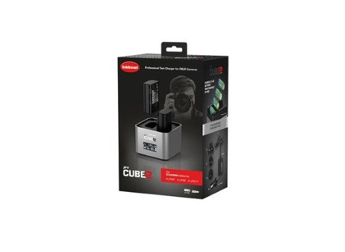 HAHNEL PROCUBE 2 charger for Canon, featuring cable-less design, LCD display, and simultaneous dual battery charging.