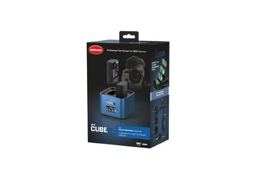 HAHNEL PROCUBE 2 charger for Panasonic batteries with LCD display, cable-less design, and AA battery charging capability.