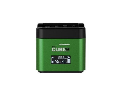 HAHNEL PROCUBE 2 charger for Fujifilm with LCD display, cable-less design, top-up charge, and multi-battery compatibility.