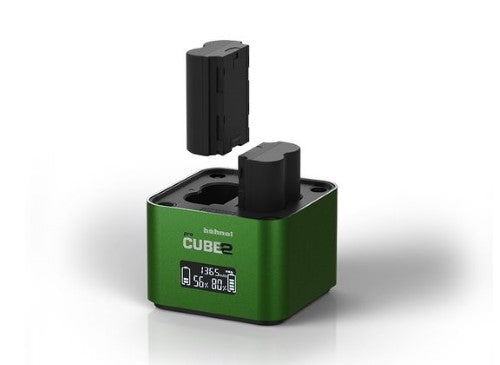 HAHNEL PROCUBE 2 charger for Fujifilm with cable-less design, LCD display, and multi-battery charging capabilities.