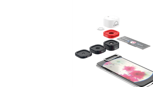 KONUS Micro Clip Microscope Set transforms smartphones into 60x-300x biological microscopes with LED illuminator and accessories.