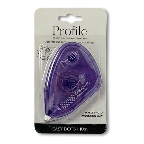 Purple adhesive dot dispenser for scrapbooking and card making, featuring removable, repositionable adhesive for precise application.