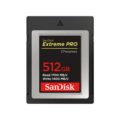 High-speed SANDISK EXTREME PRO CFEXPRESS 512GB card with up to 1700MB/s read, ideal for RAW 4K video recording.