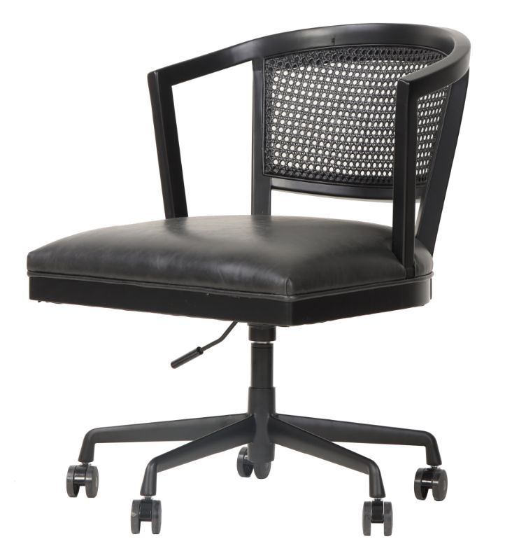 Adjustable office chair in Heritage Black Oak with PU Ebony seat and rattan back, featuring height adjustment and aluminum swivel base.