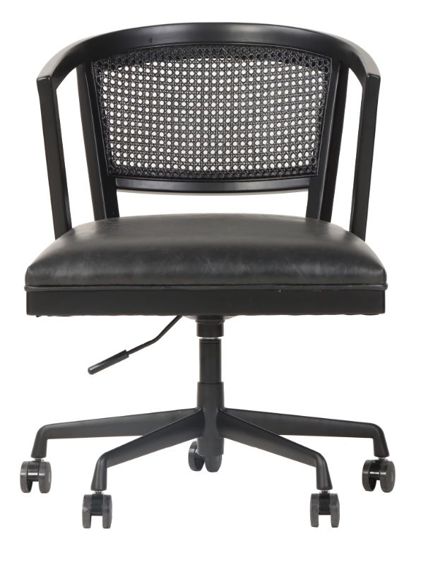 Adjustable office chair in Heritage Black Oak with PU Ebony seat and rattan back for style, comfort, and productivity.