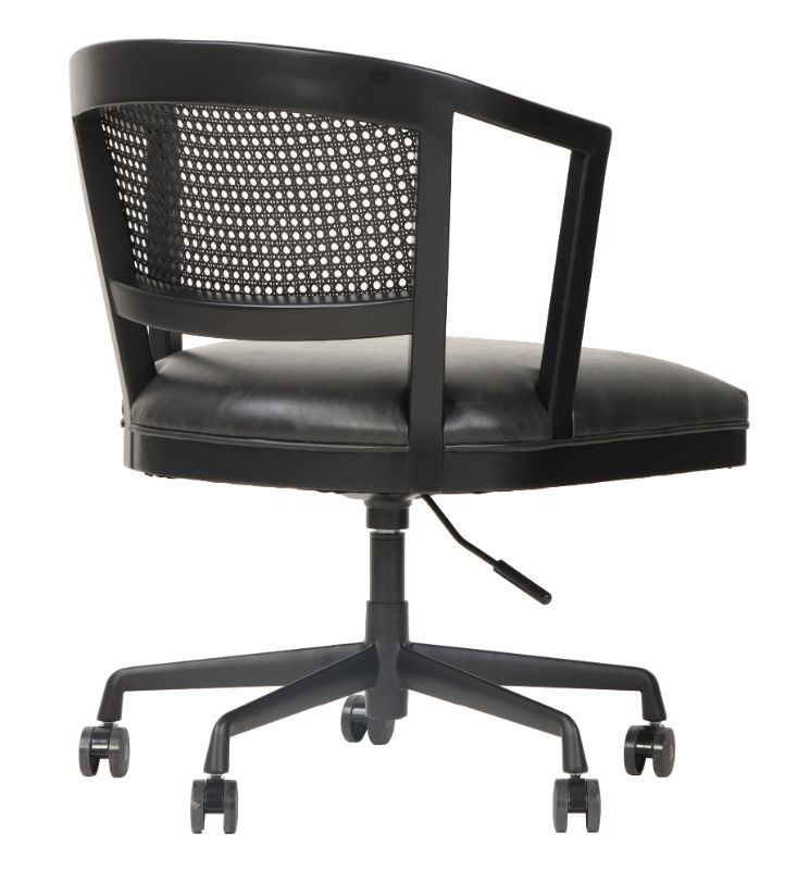 Elegant adjustable office chair in Heritage Black Oak with PU Ebony seat and rattan back, promoting comfort and productivity.