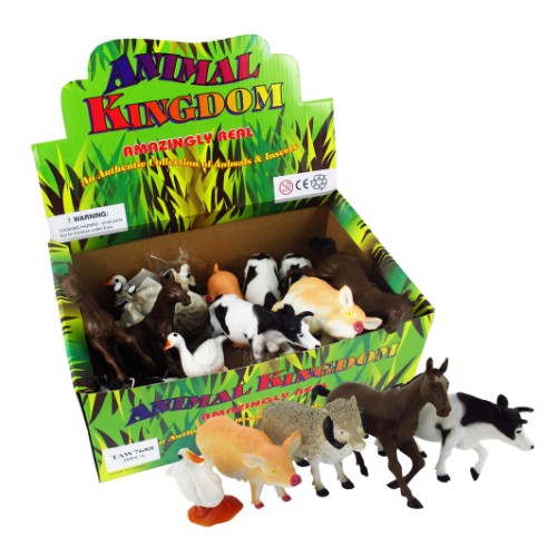 Assorted farm animal figurines including a cow, horse, sheep, pig, and duck, each measuring 13-20cm.