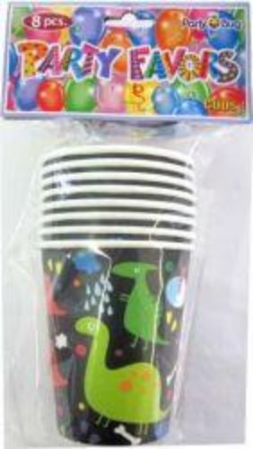 Colorful dinosaur-themed party cups, sold in packs of 8 (6 units total), perfect for children's celebrations.