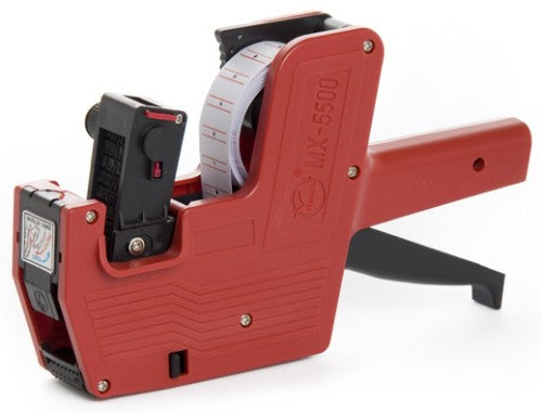 Vibrant red pricing gun for efficiently tagging prices and organizing inventory in retail environments.
